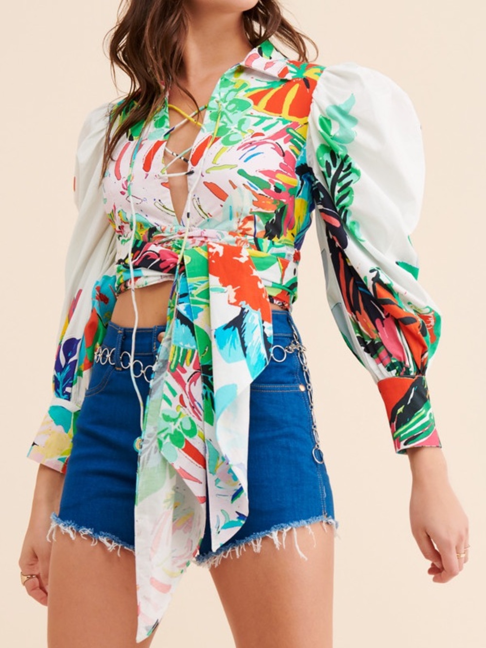 $192 Rococo Sand Multicolor Tropical Puff Sleeve Blouse Small S (fits XS)